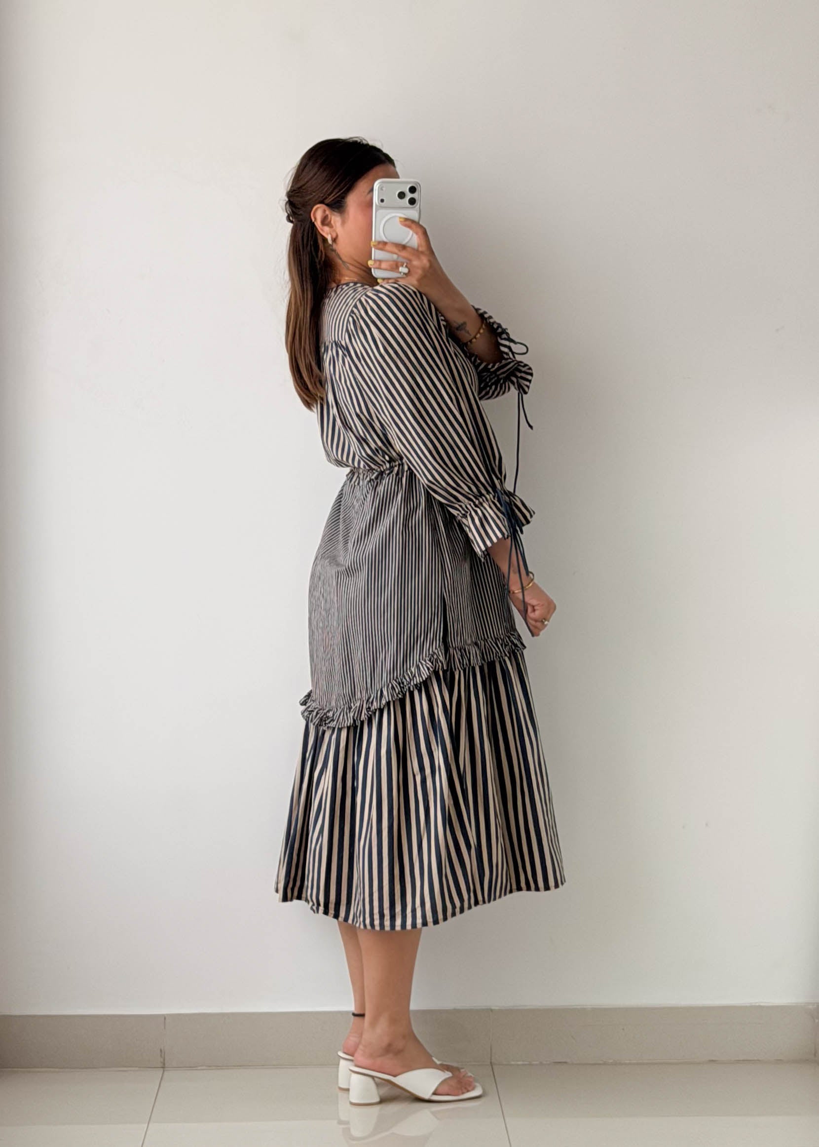 Size S-M Navy Striped Tie-Waist Midi Dress