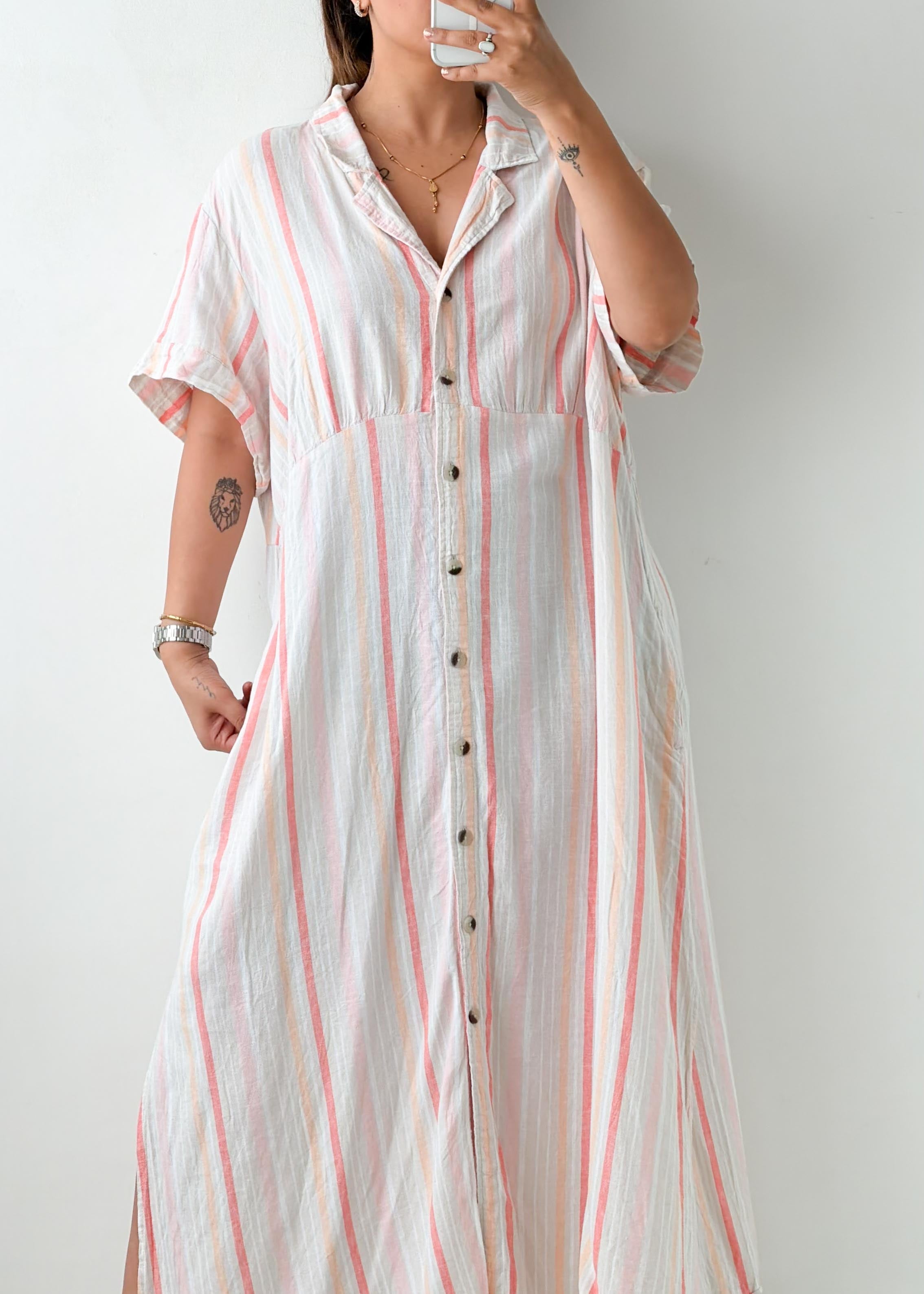 Size XL-2XL White & Pink Striped Shirt Midi Dress