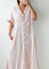 Size XL-2XL White & Pink Striped Shirt Midi Dress