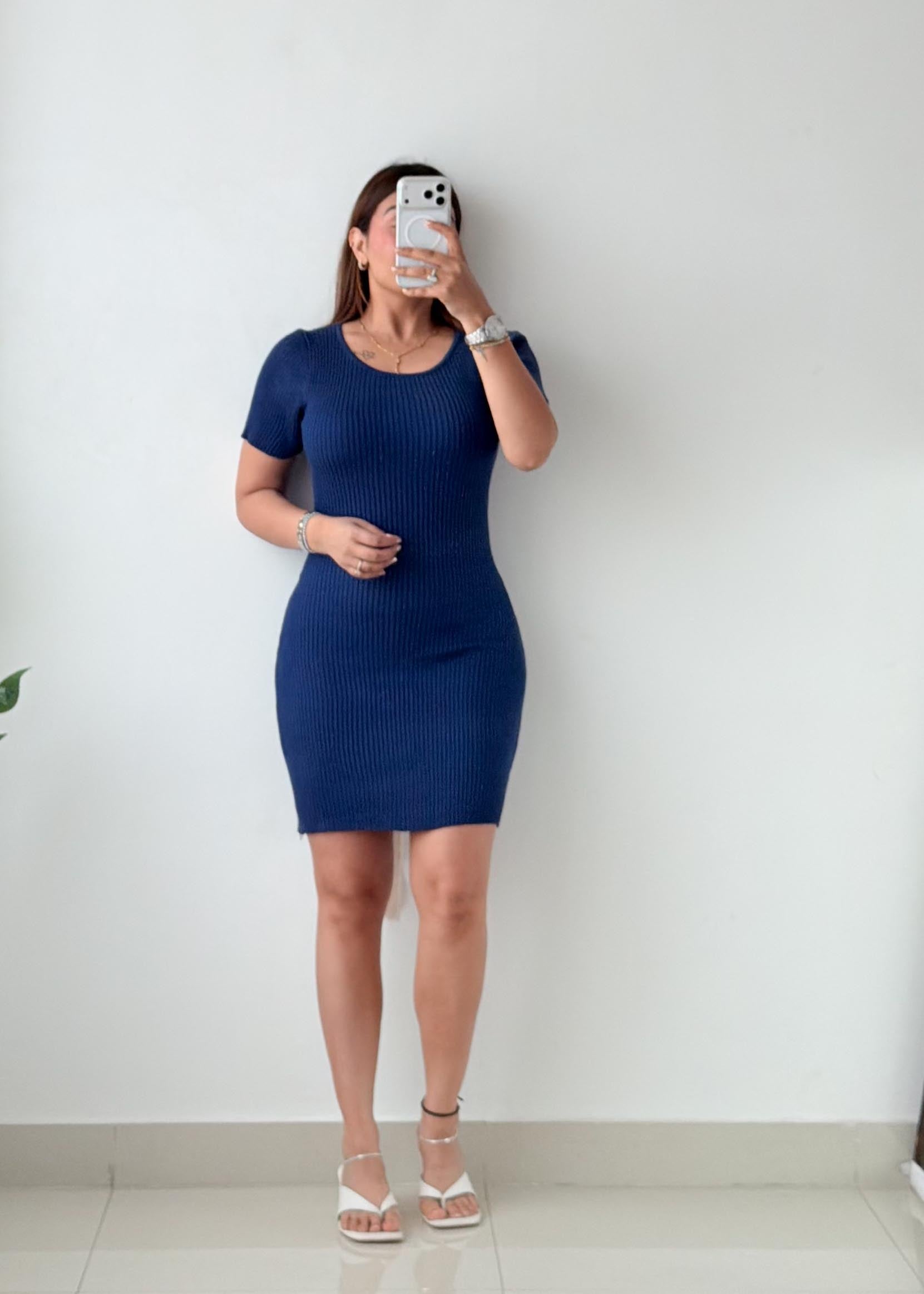 Size M-L Royal Blue Ribbed Knit Mini Dress