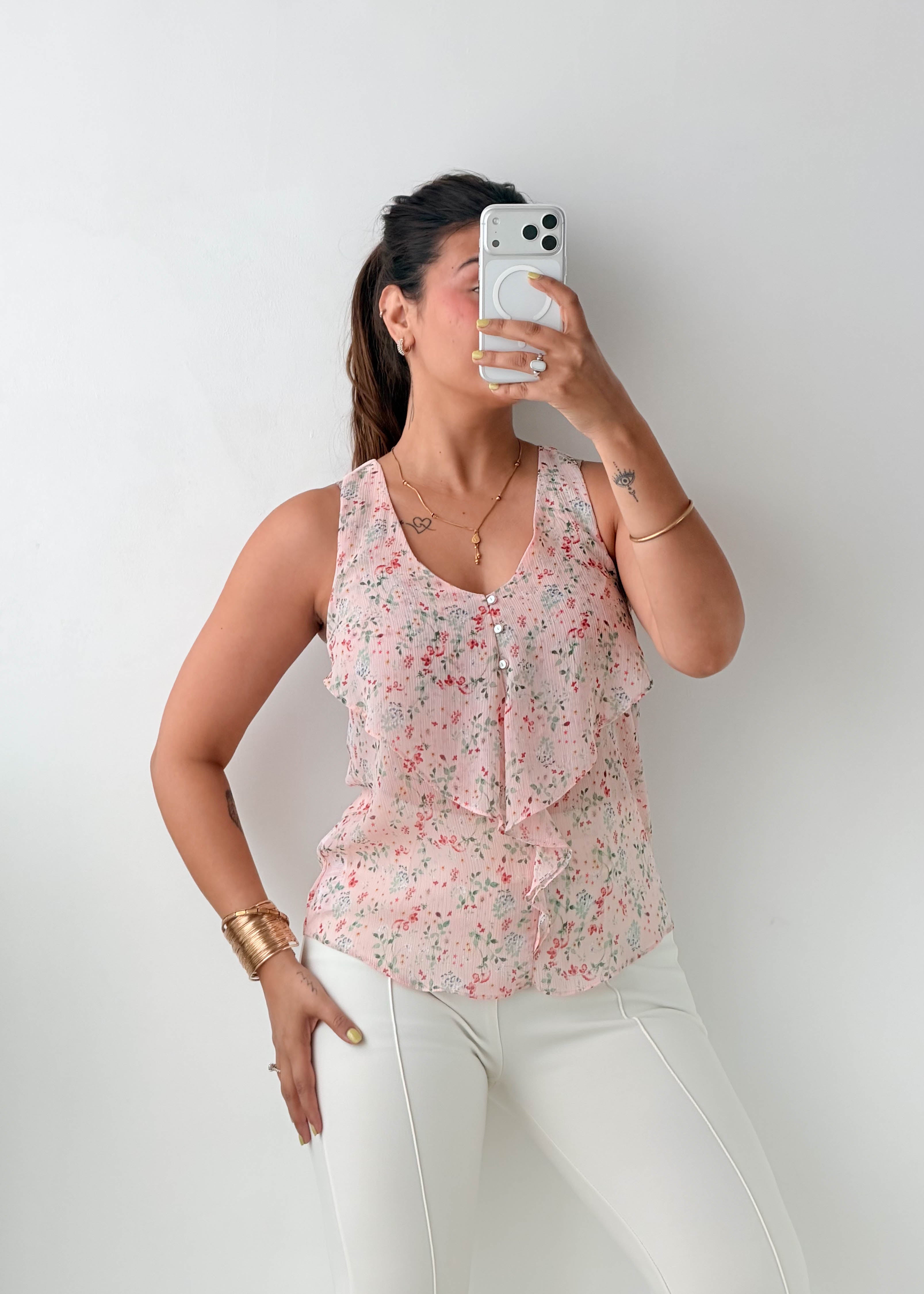 Size XS-S Pink Floral Ruffle Tank Top