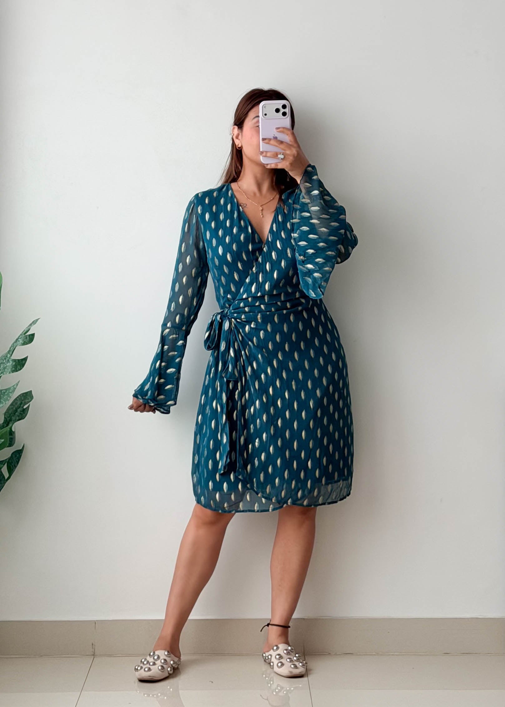 Size M-L Teal Printed Wrap Dress