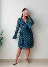 Size M-L Teal Printed Wrap Dress