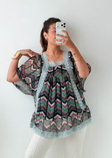 Size M-L Multicolor Chevron Lace Trim Top