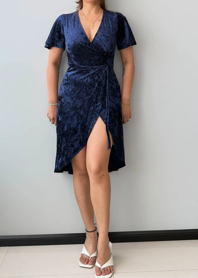 Size XS-S, Navy Velvet Wrap Midi Dress - Closet by Payal