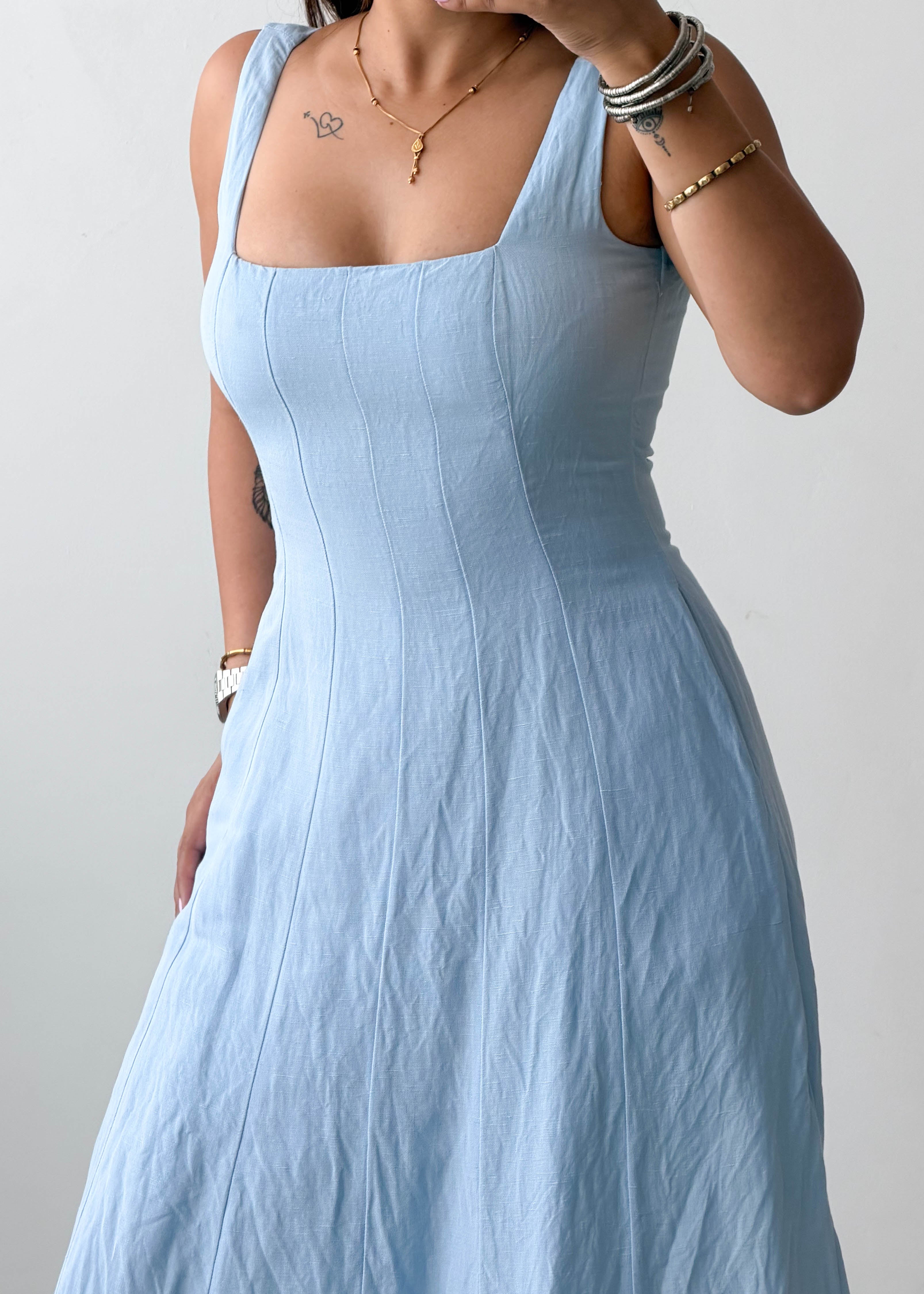 Size L Sky Blue Square Neck Midi Dress