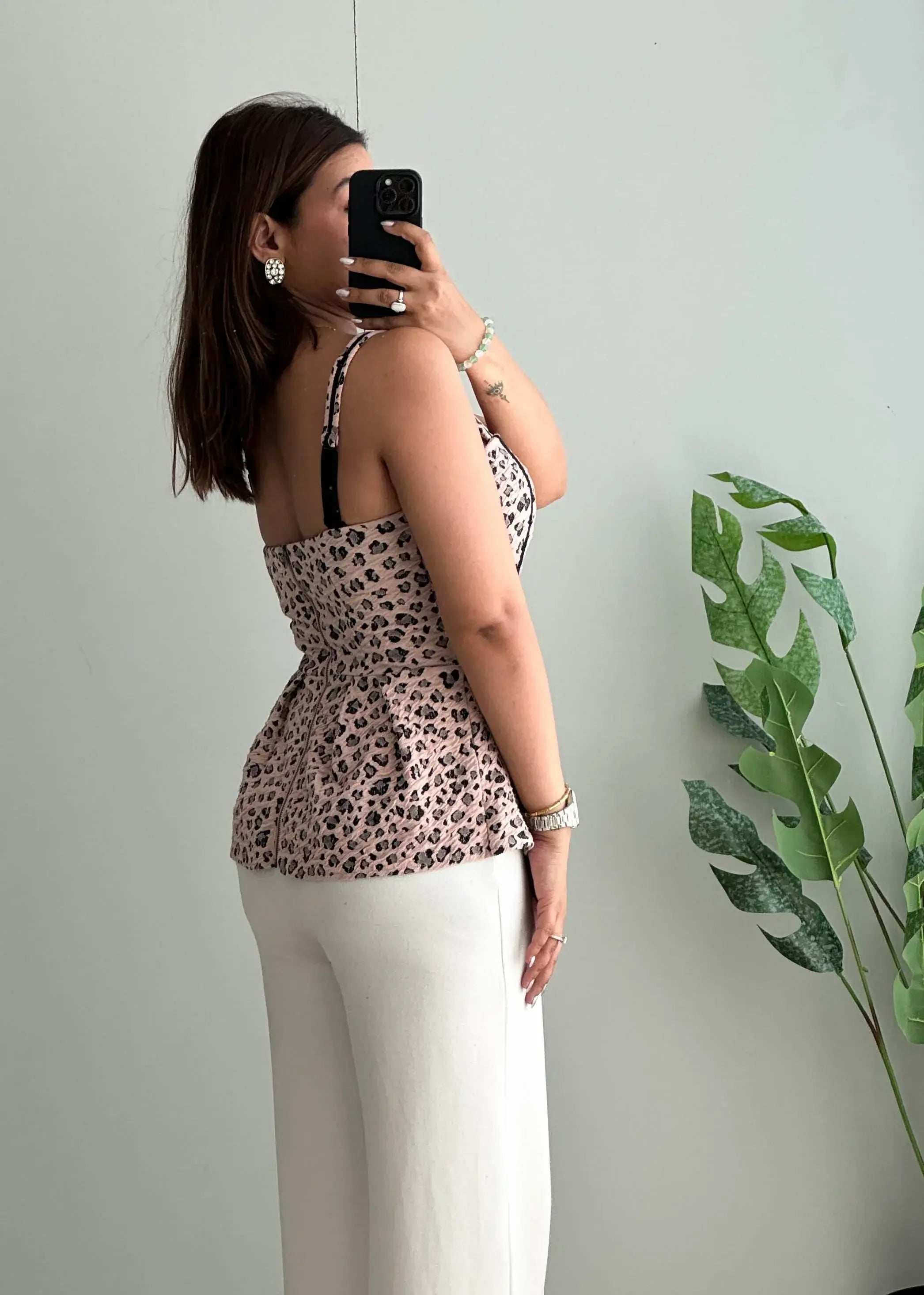 Size S-M, Pink Leopard Print Peplum Cami Top - Closet by Payal