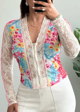 Size XS-S, Vintage Floral Lace Long Sleeve Fitted Top - Closet by Payal