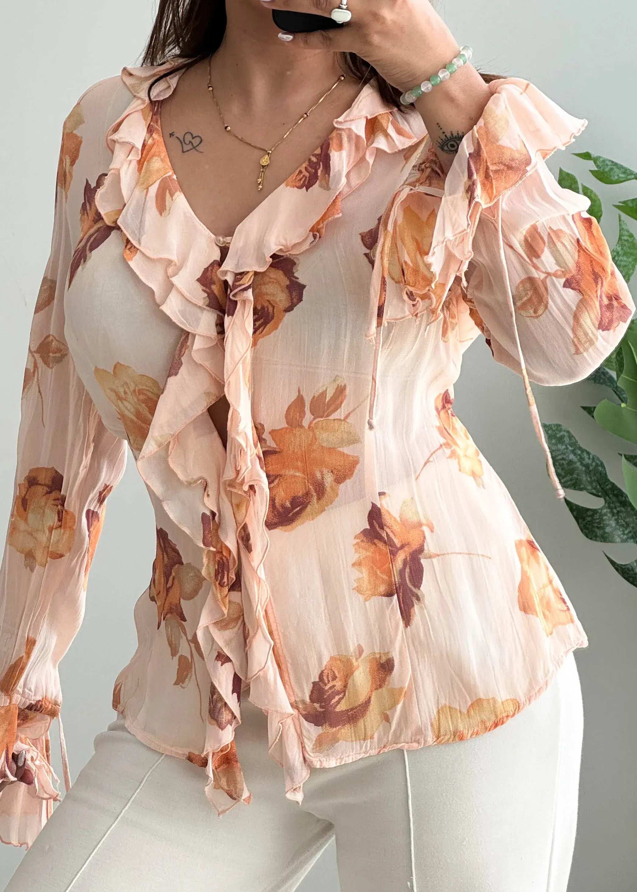 Size M-L, Peach Floral Ruffle Chiffon Top for Women - Closet by Payal