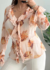 Size M-L, Peach Floral Ruffle Chiffon Top for Women - Closet by Payal