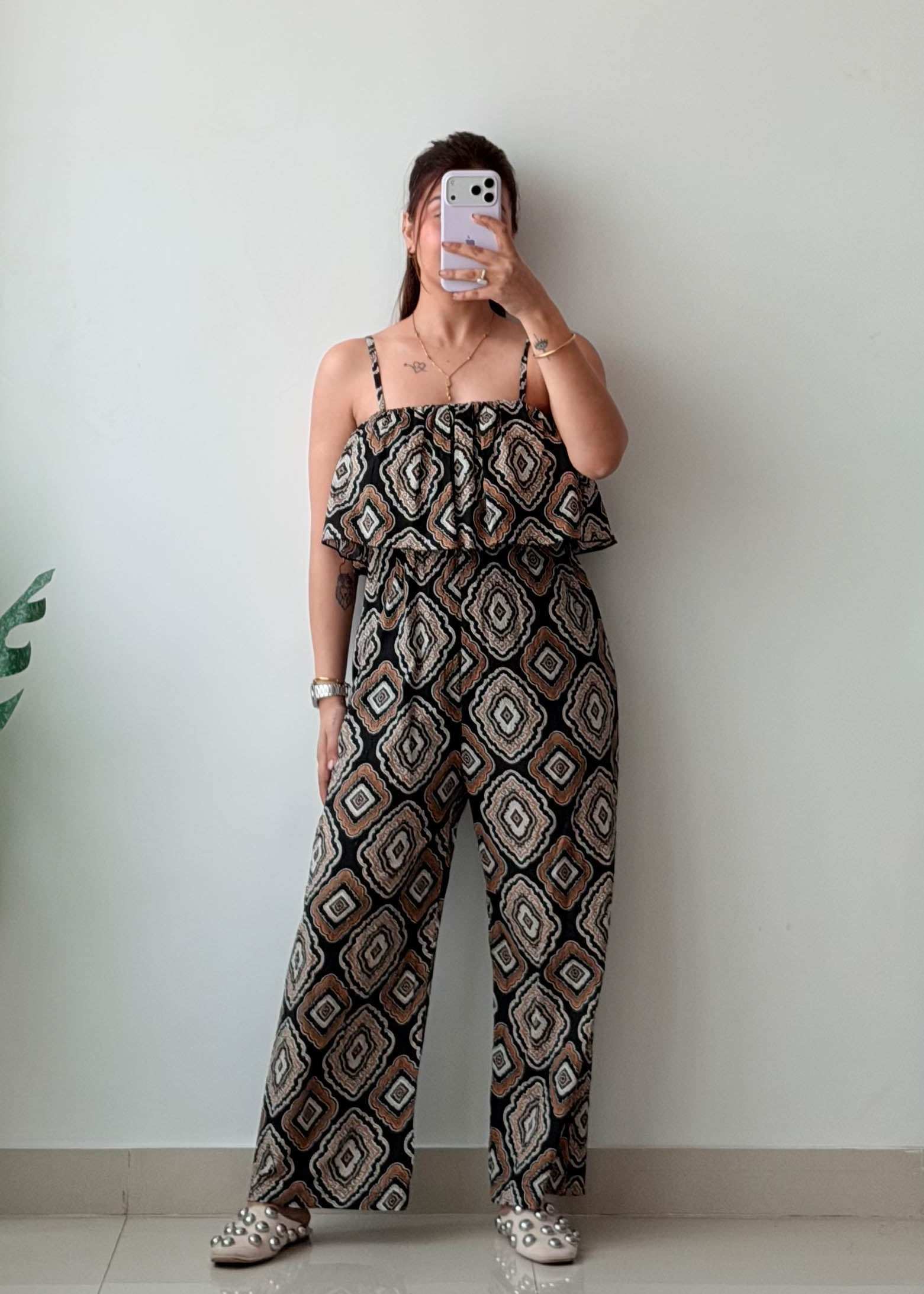 Size S-M Geometric Print Wide-Leg Jumpsuit