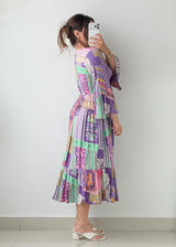 Size M-L Multicolor Patchwork Print Maxi Dress