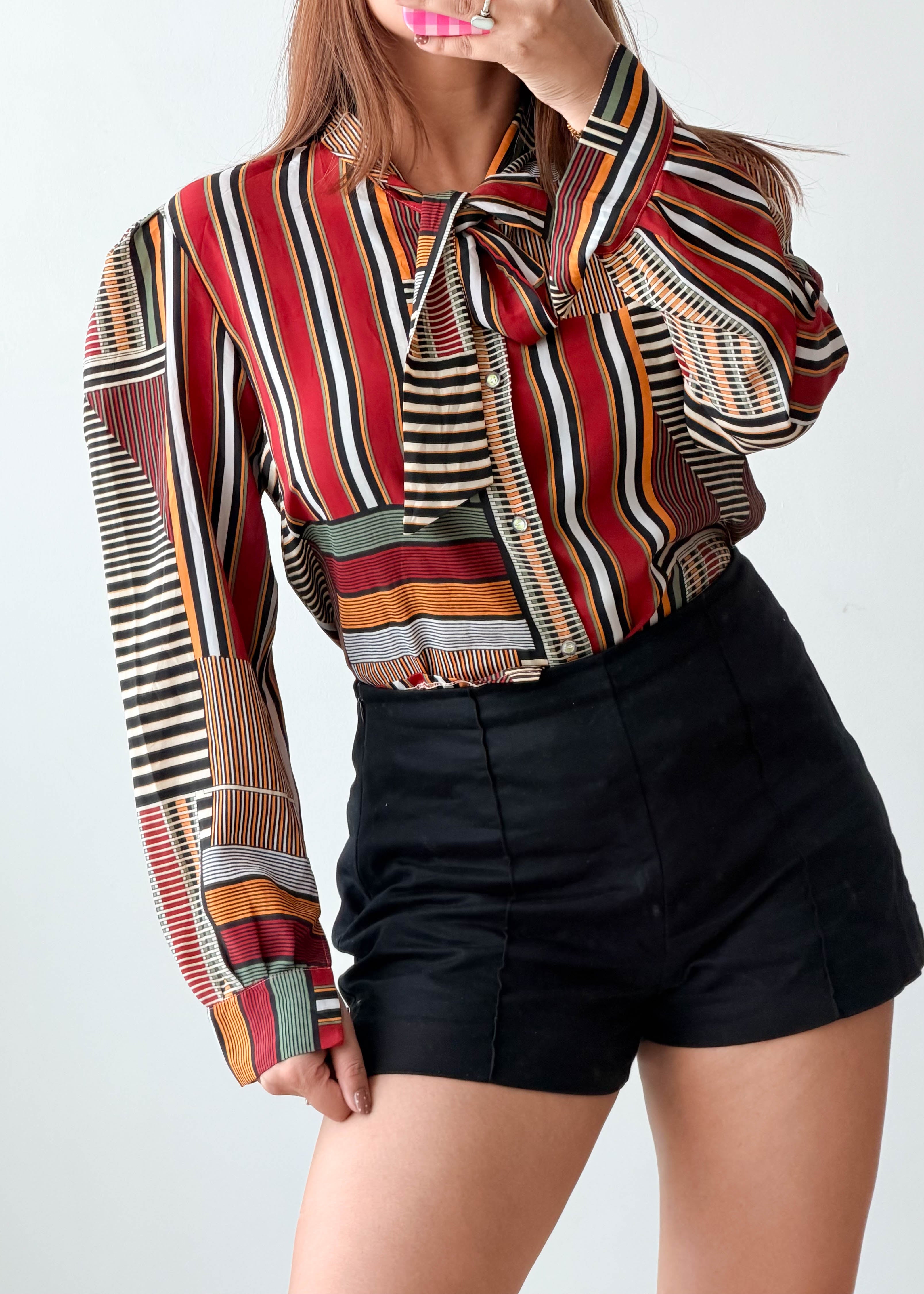 Size S-M Multicolor Striped Tie-Neck Blouse