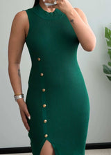 SIZE M-L, Emerald Button Detail Ribbed Midi Dress - Closet by Payal