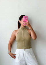 Size M-L Sage Ribbed Zip Halter Top