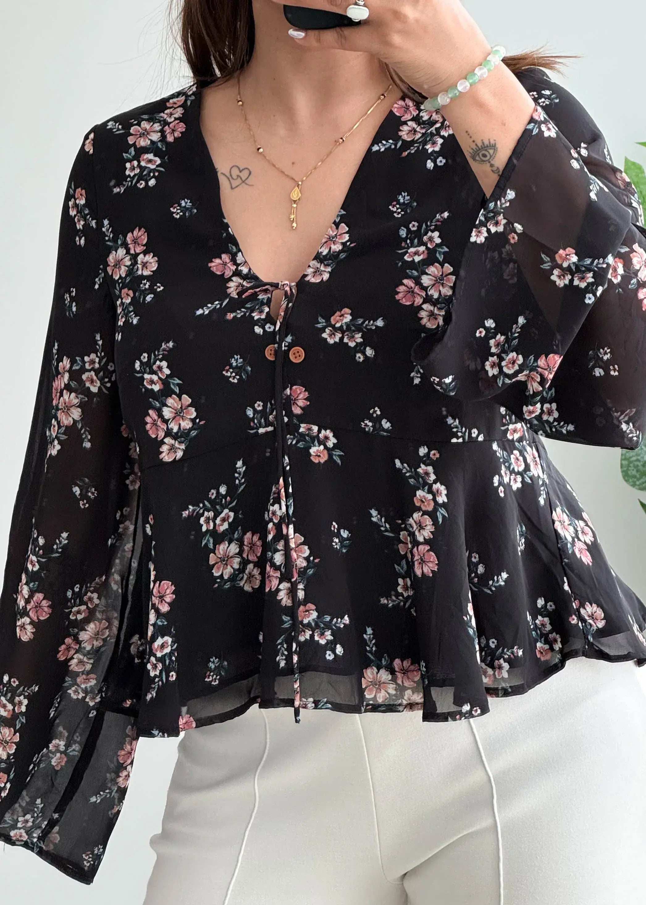 Size S-M, Black Floral Peplum Chiffon Top - Closet by Payal