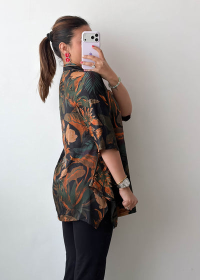 M-L Black Tropical Soft Chiffon Oversized Shirt