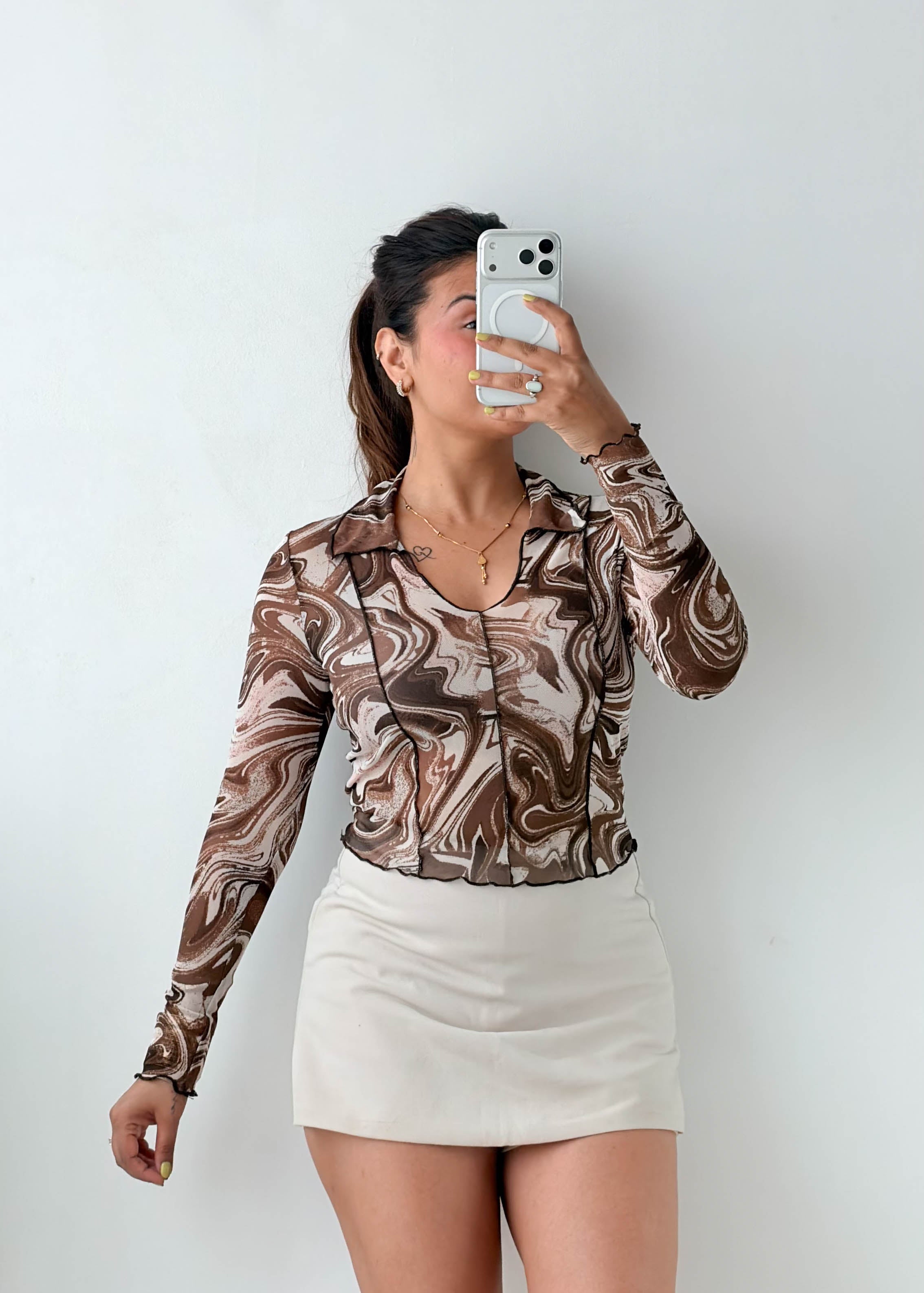 Size S-M Brown Marble Print Shirt Top