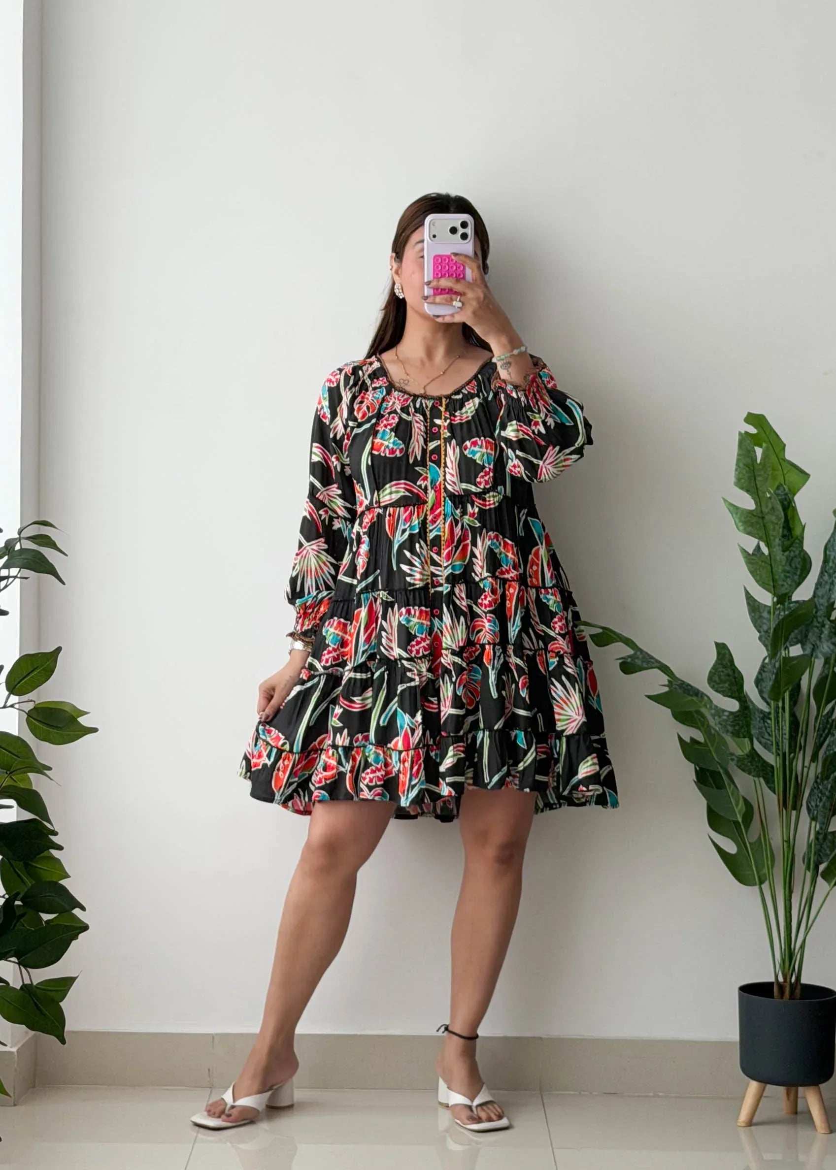 Size L-XL, Boho Floral Tiered Mini Dress