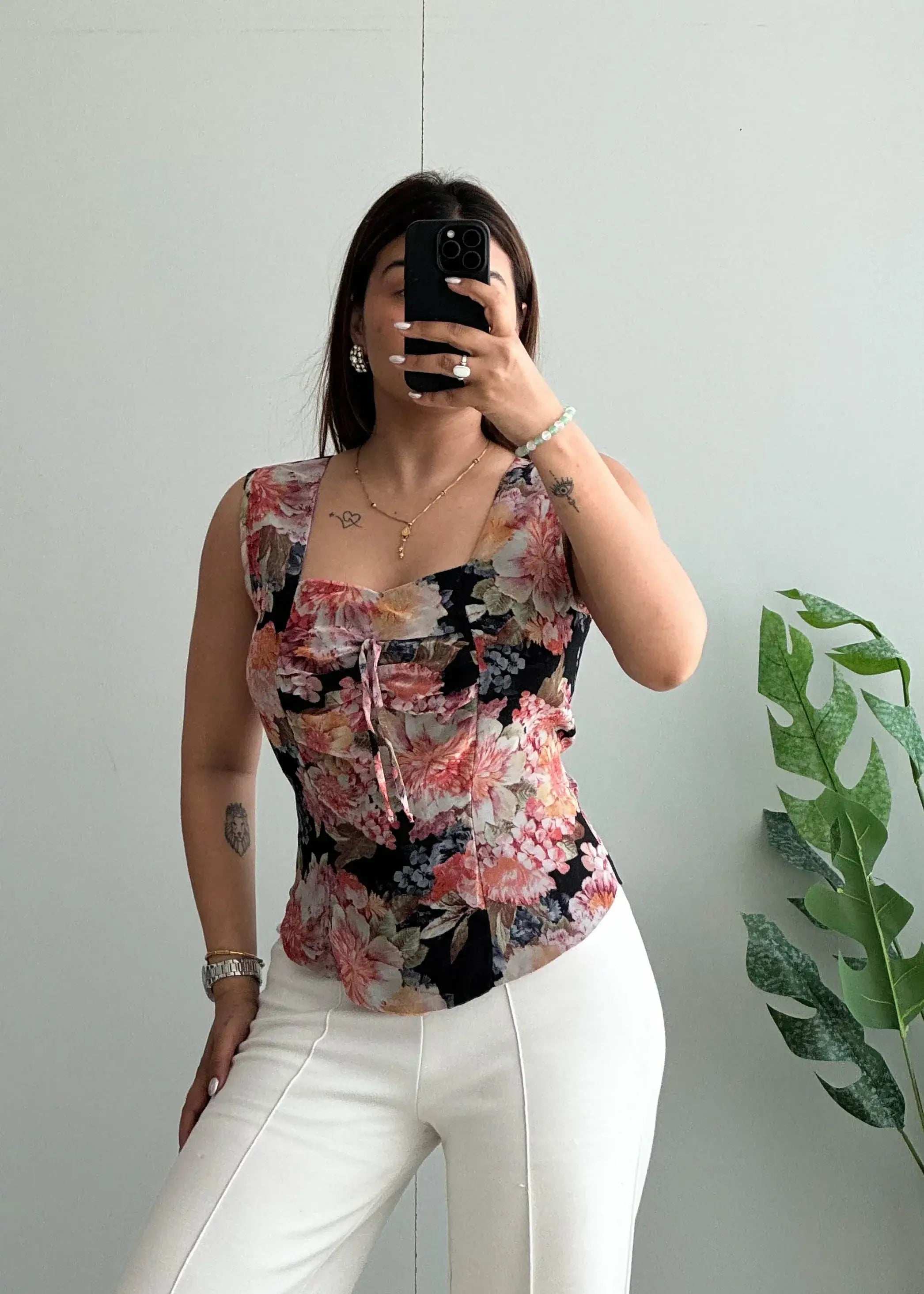Size XS-S, Black Floral Corset Style Sleeveless Top for Women - Closet by Payal
