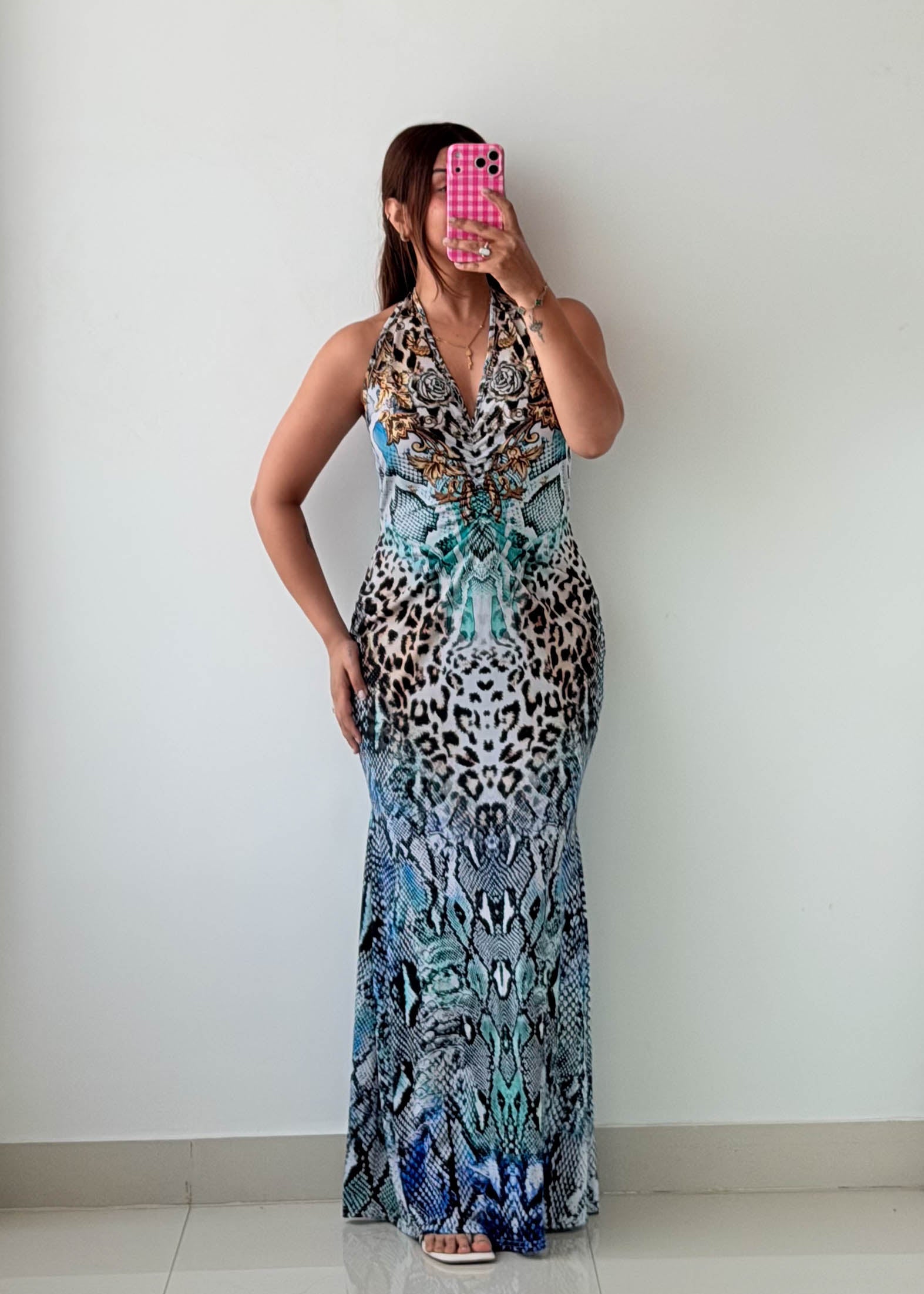 Size M-L Blue Animal Print Halter Maxi Dress