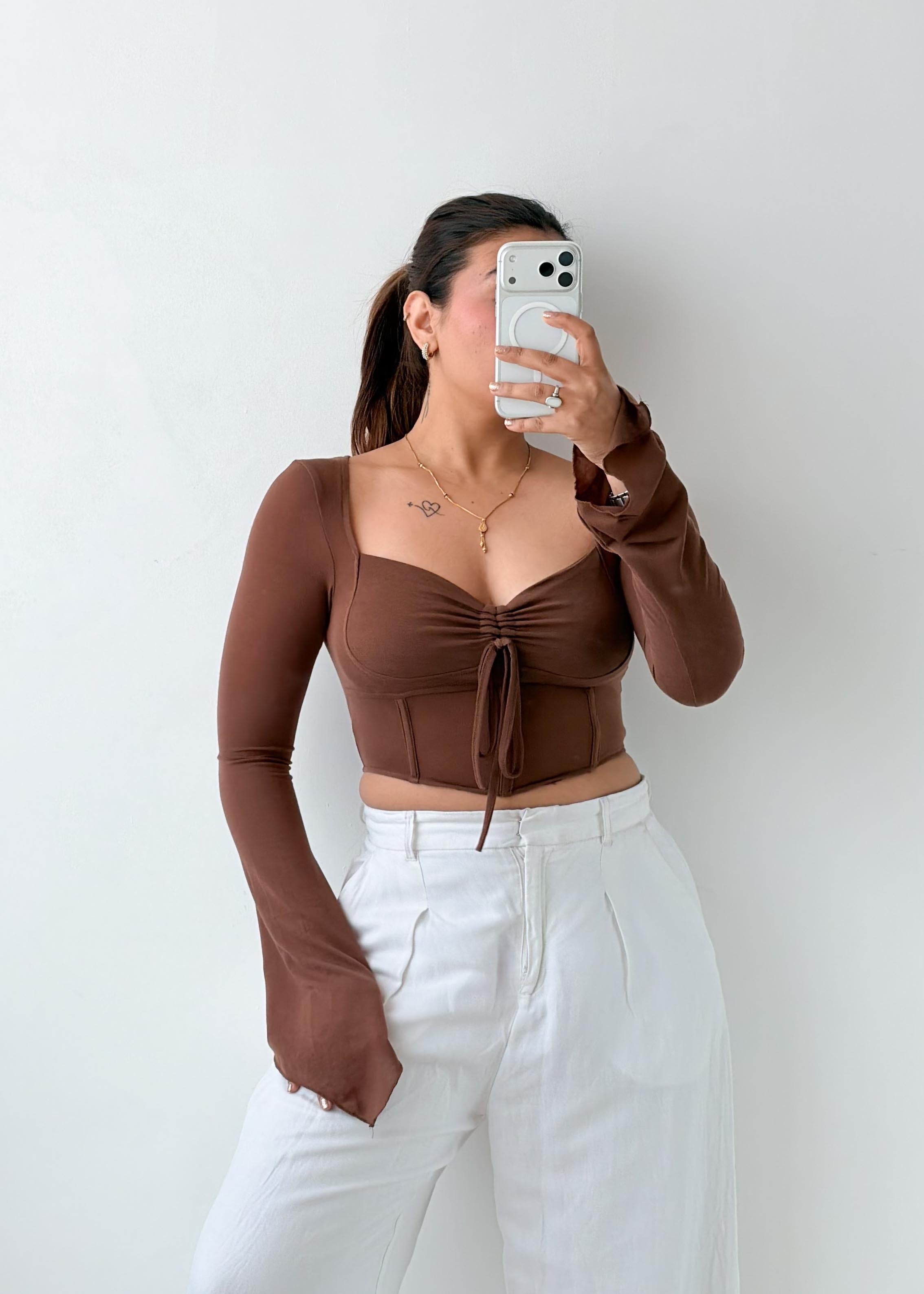 Size XS-S Brown Ruched Tie Front Top