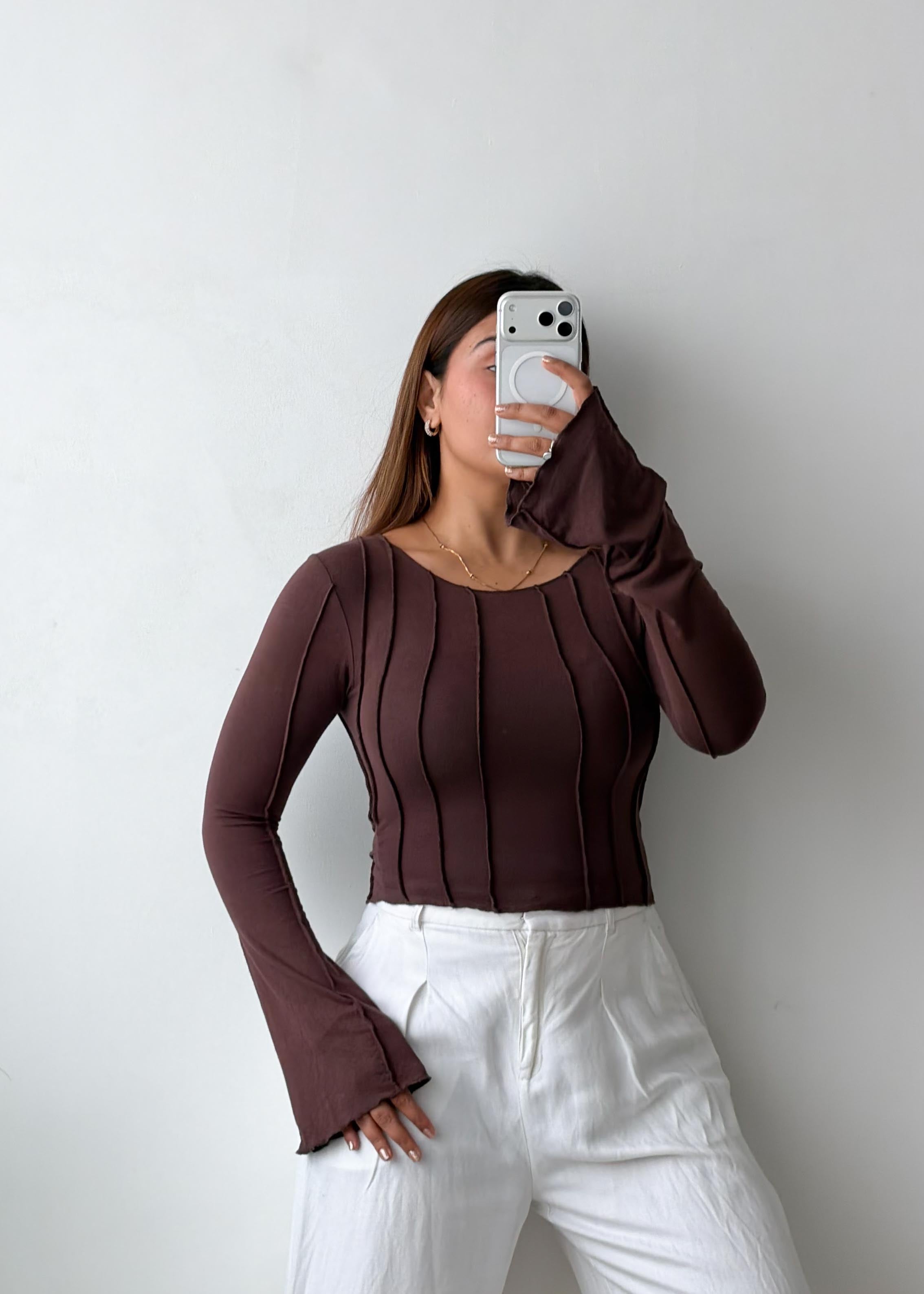 Size S-M Brown Ribbed Long Sleeve Top
