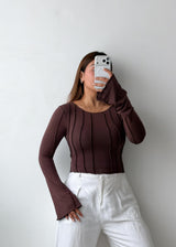 Size S-M Brown Ribbed Long Sleeve Top