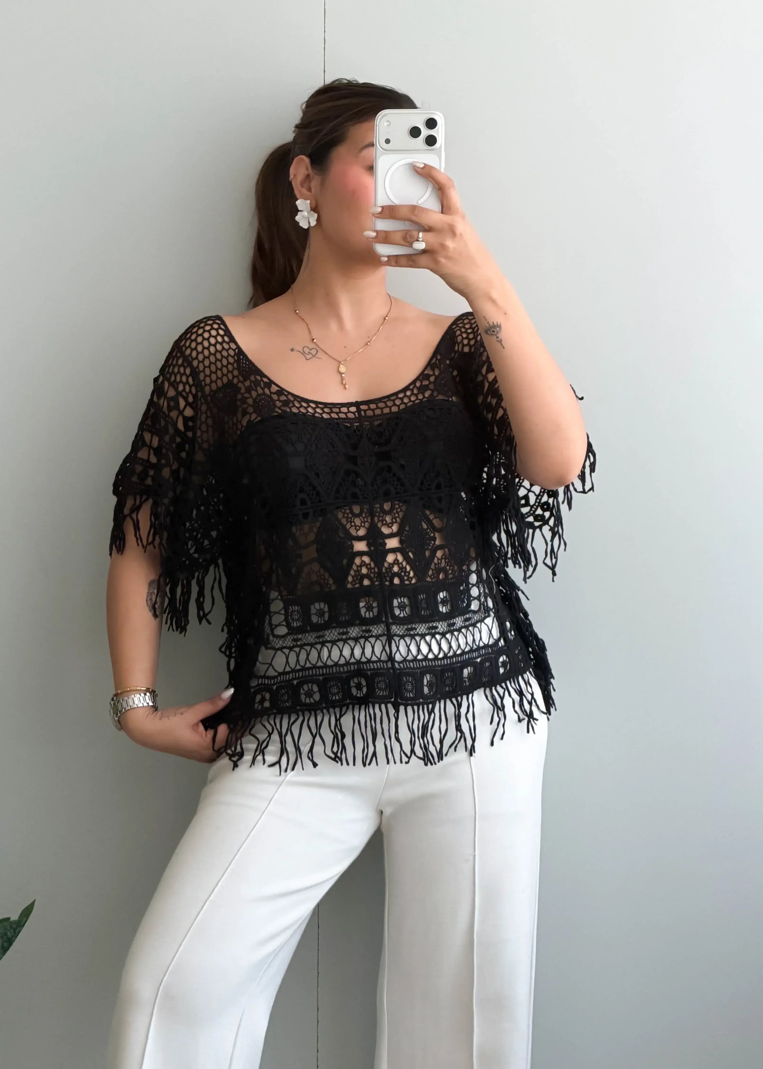 Size S-M, Black Crochet Fringe Top - Closet by Payal