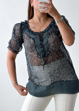Size S-M Black Sheer Printed Blouse