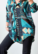 Size L-XL Teal Geometric Print Longline Shirt Top