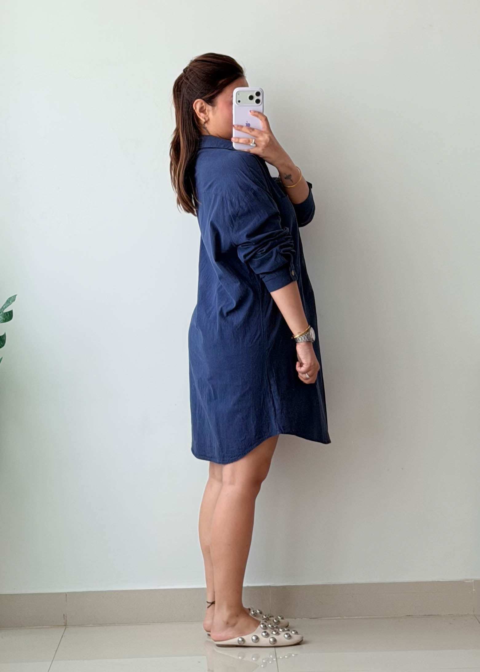 Size M-L Navy Cotton Shirt Dress