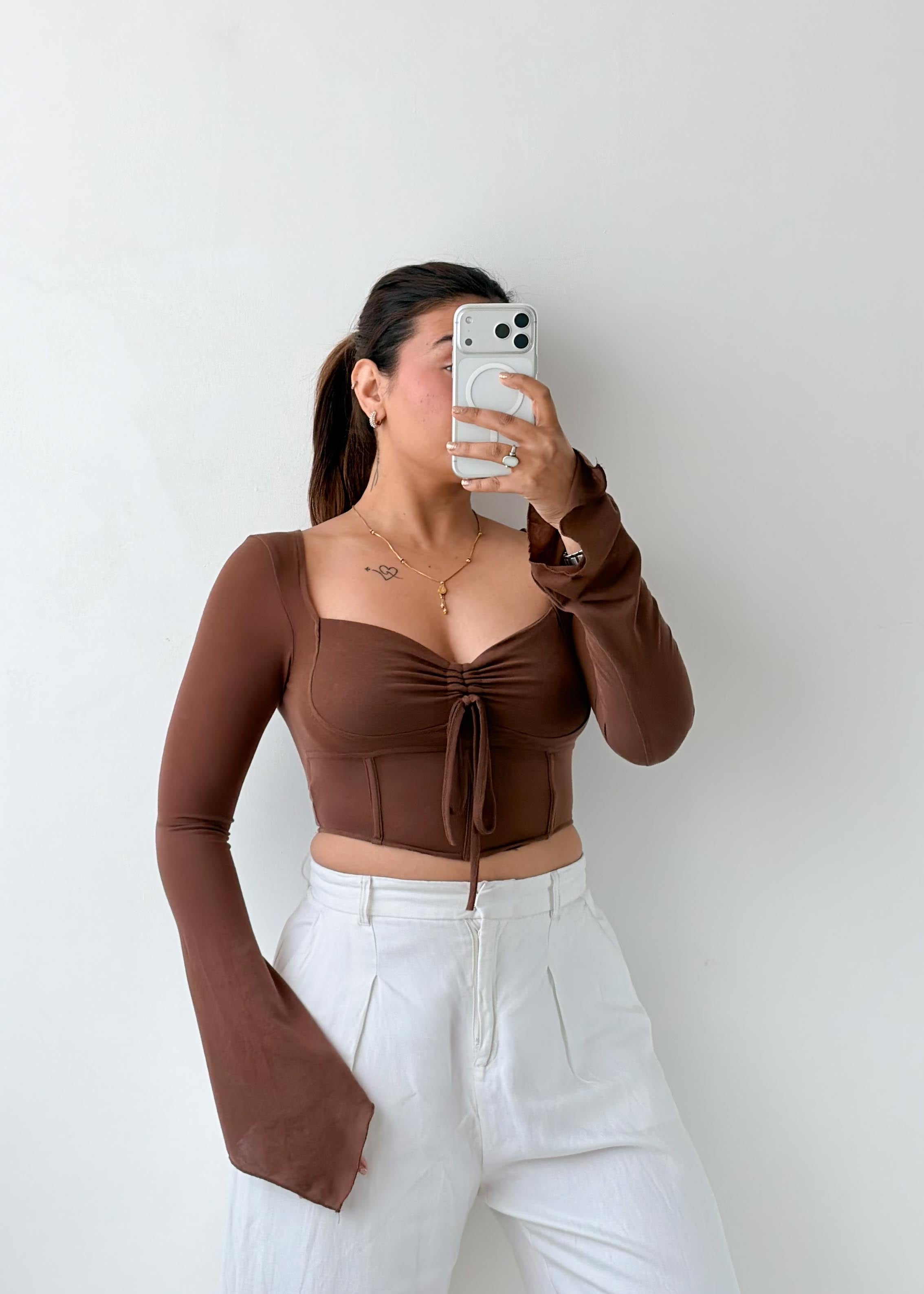 Size XS-S Brown Ruched Tie Front Top