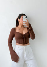 Size XS-S Brown Ruched Tie Front Top