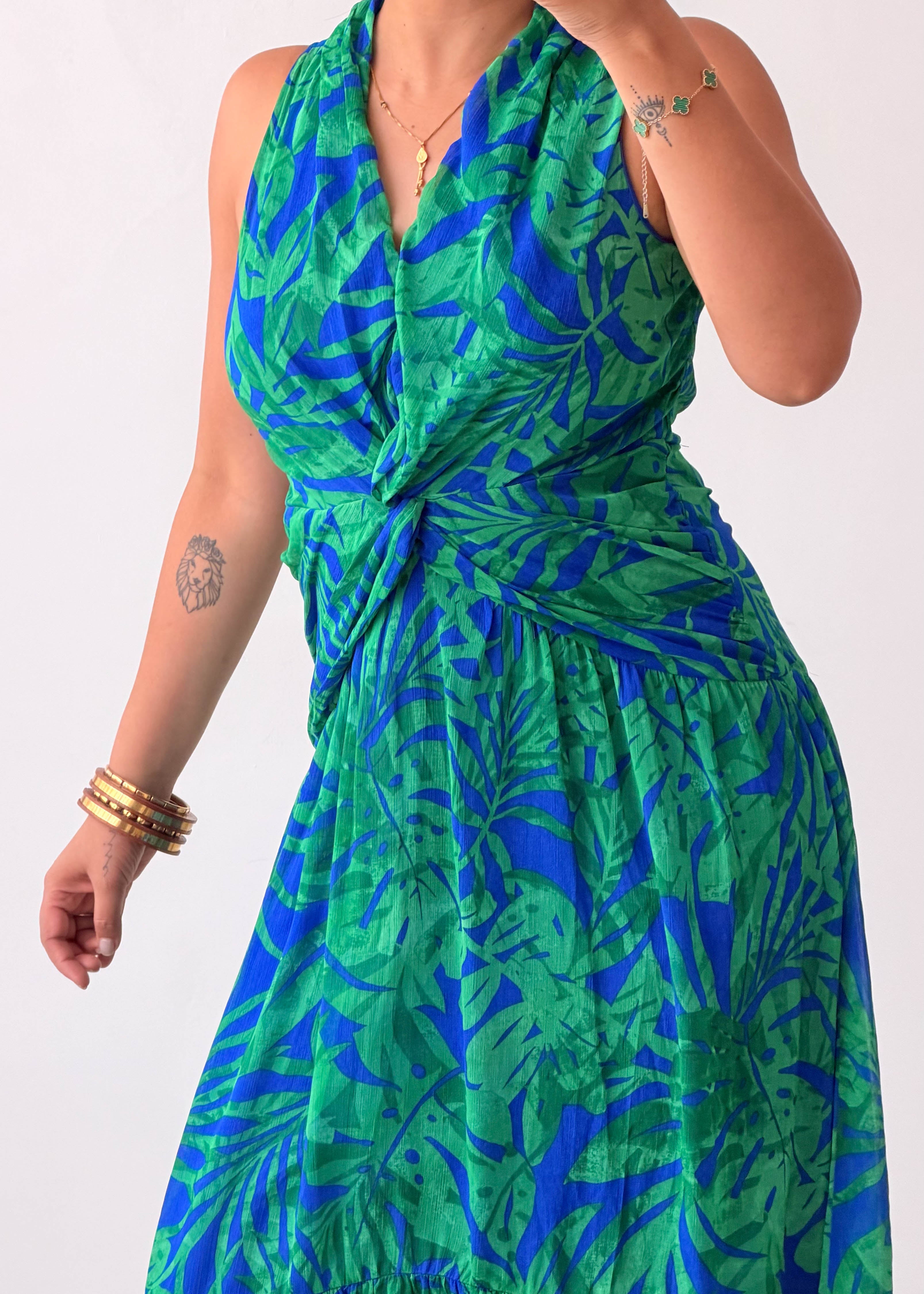 Size S-M Blue & Green Tropical Midi Dress