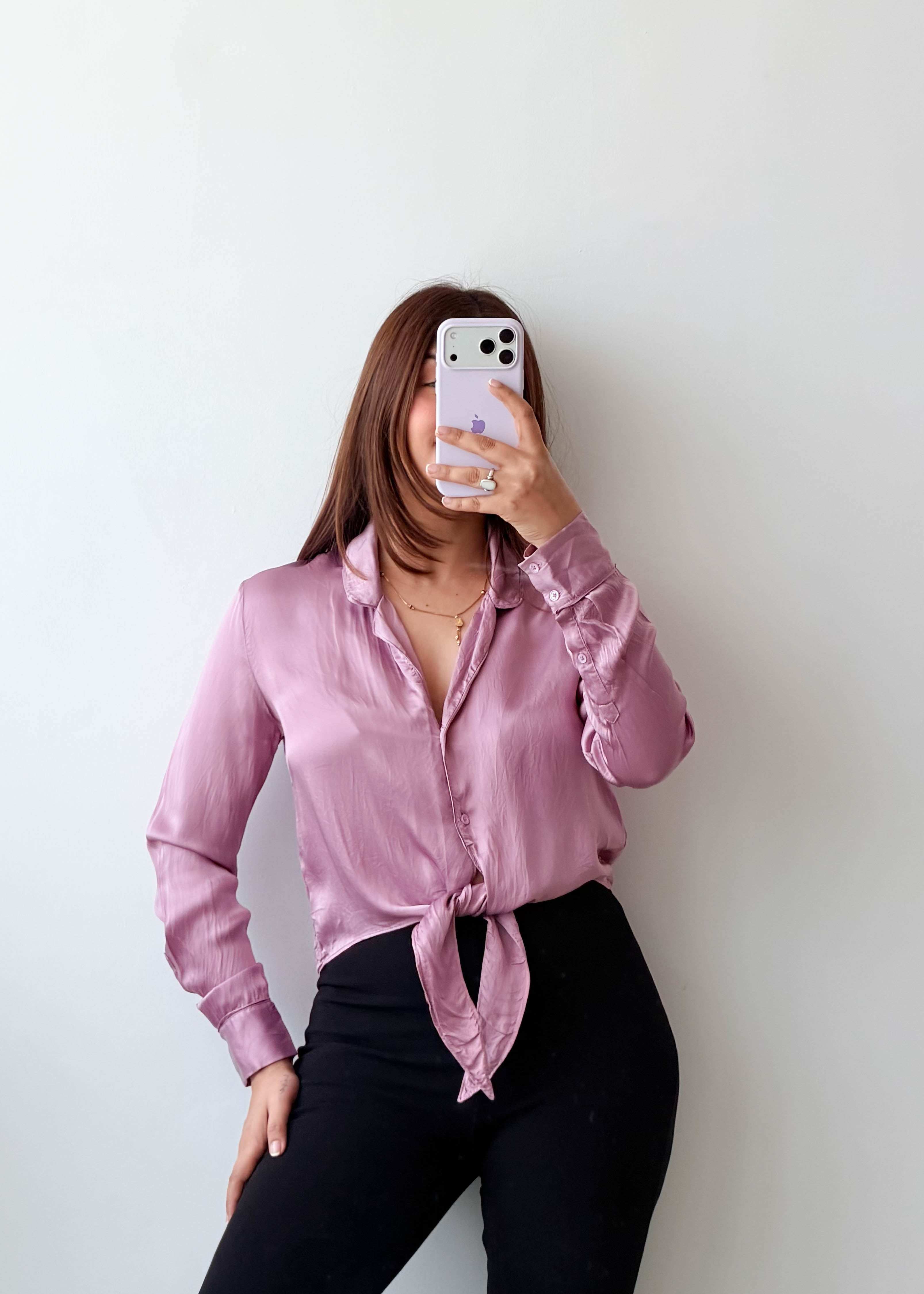 Size XS-S Pink Satin Tie-Up Shirt Top