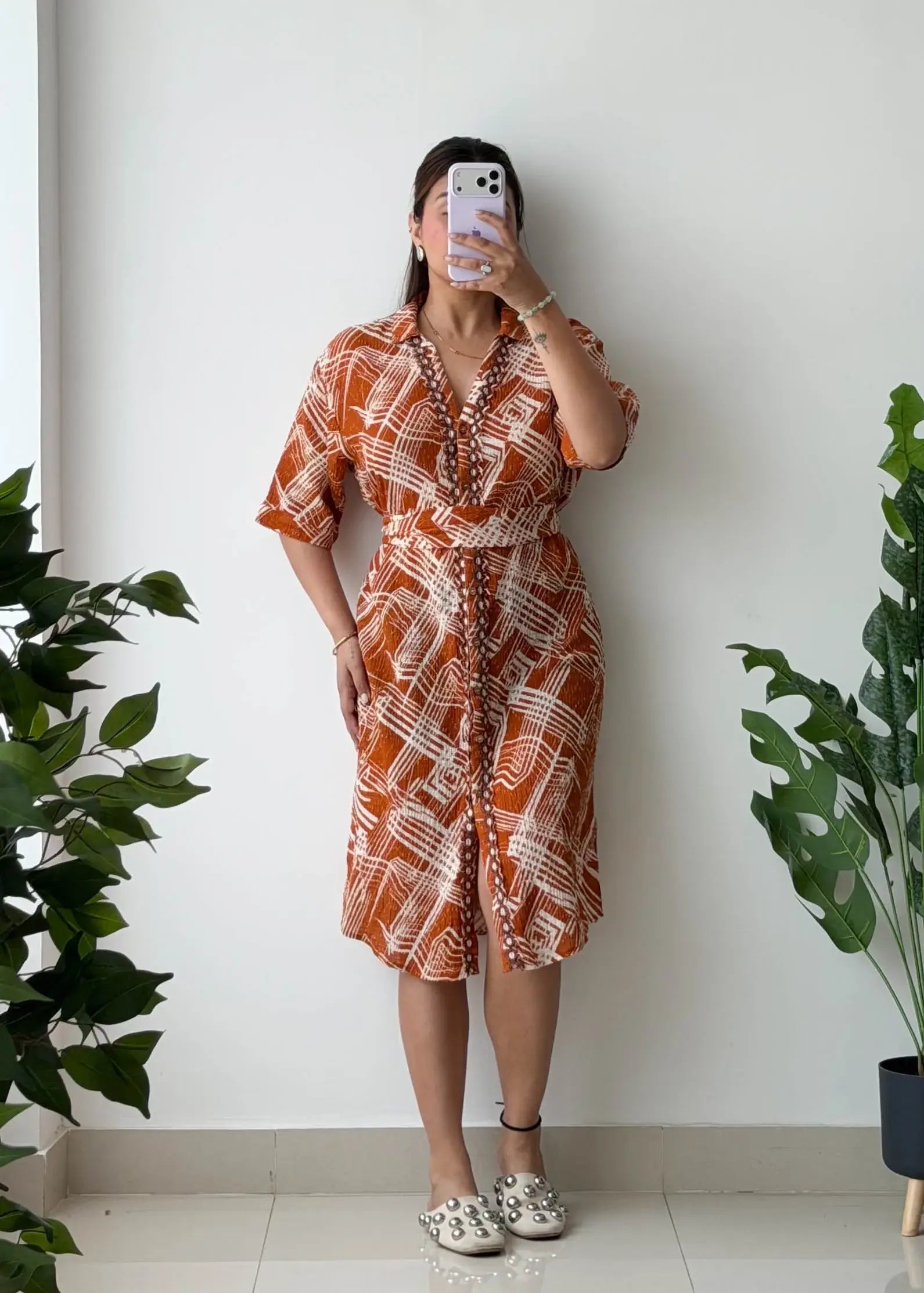 Size M-L, Rust Abstract Shirt Dress