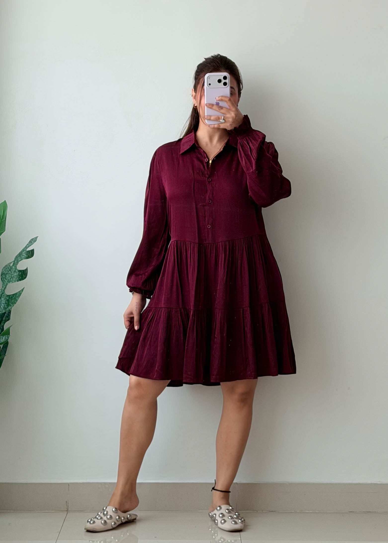 Size S-M Wine Cotton Tiered Mini Dress