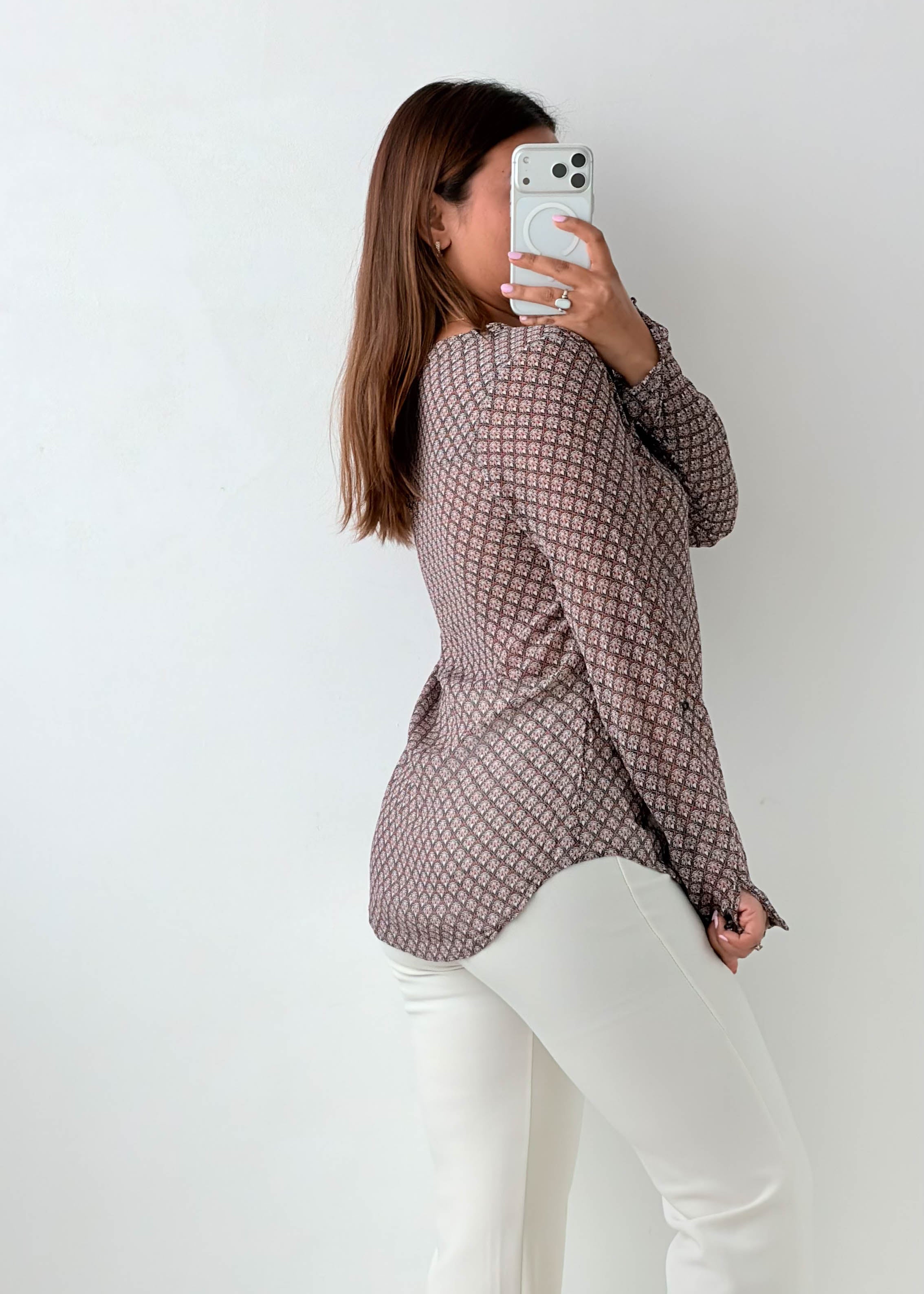 Size XS-S Taupe Printed Wrap Blouse