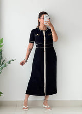 Size L-XL Black Contrast Trim Pleated Knit Midi Dress