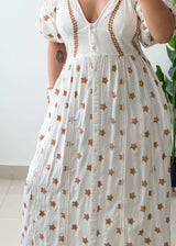 Size M-L, White Gold Print Maxi Dress