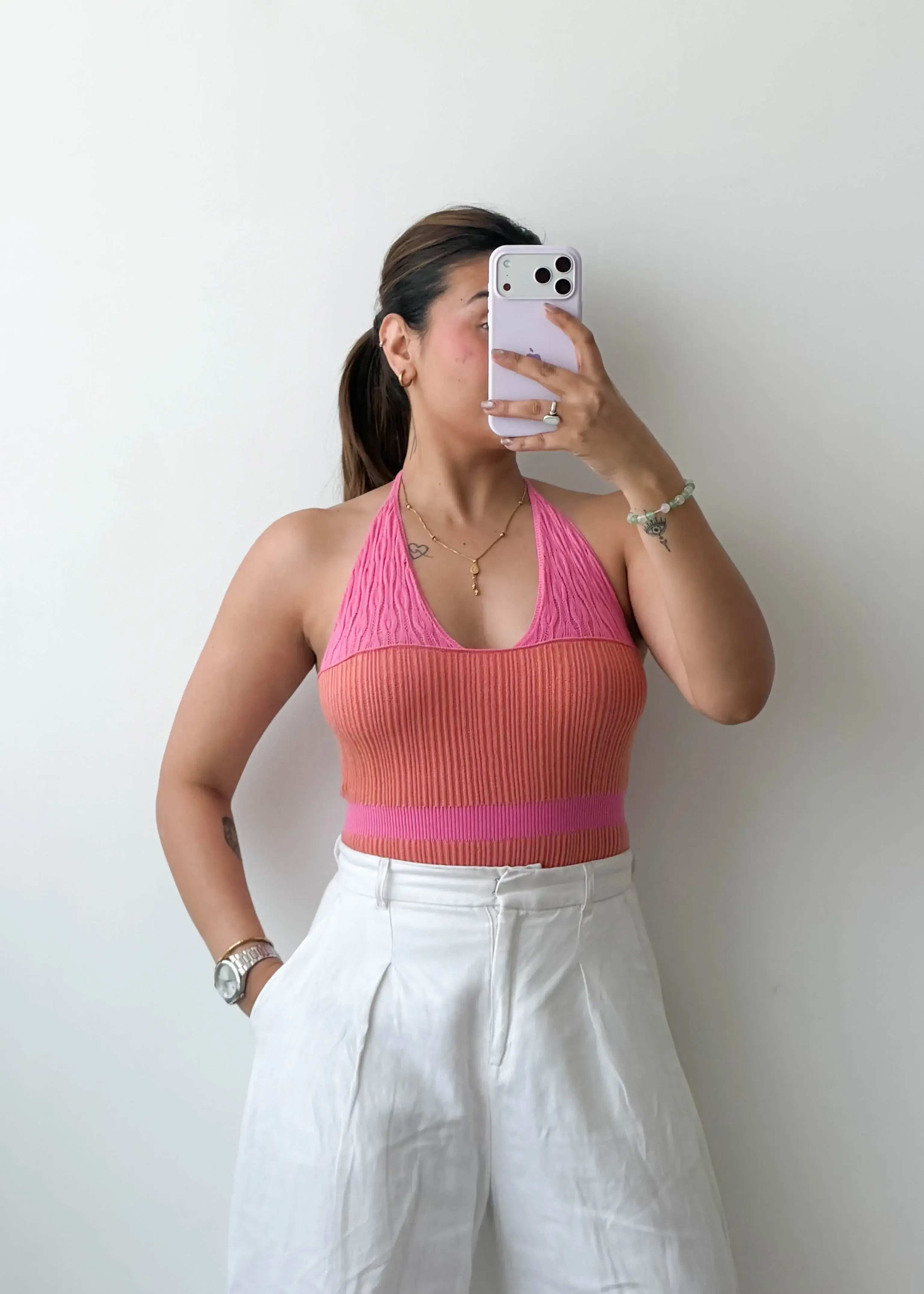 Size XS-S Pink Ribbed Halter Bodysuit