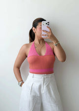 Size XS-S Pink Ribbed Halter Bodysuit