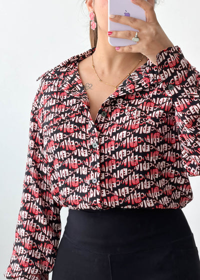 S-M Red Black Typography Print Satin Shirt