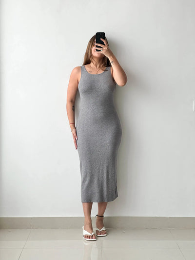 Size S-M, Grey Ribbed Bodycon Midi Dress – Closet by Payal