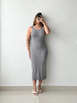 Size S-M, Grey Ribbed Bodycon Midi Dress