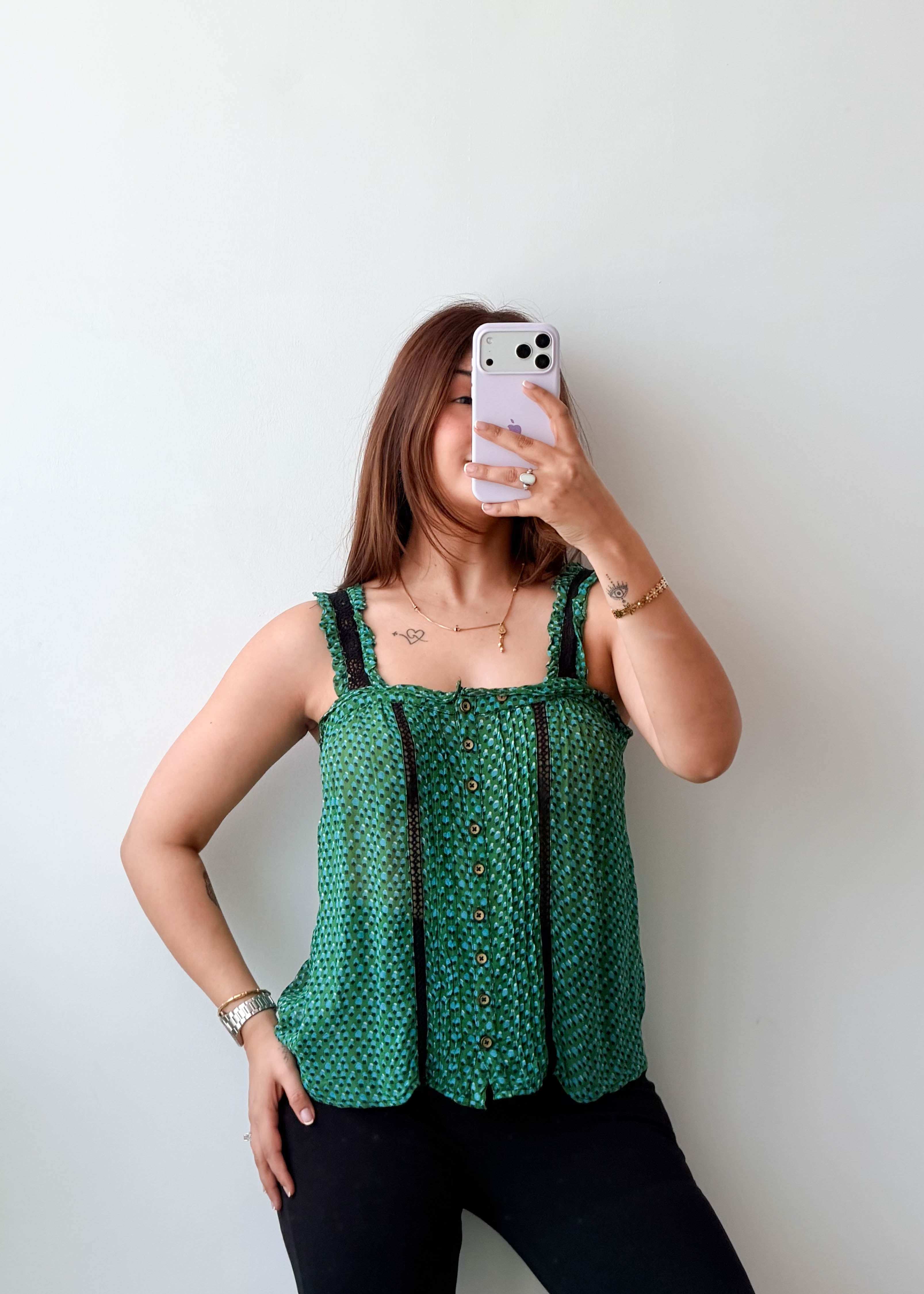 Size S-M Green Smocked Strap Top