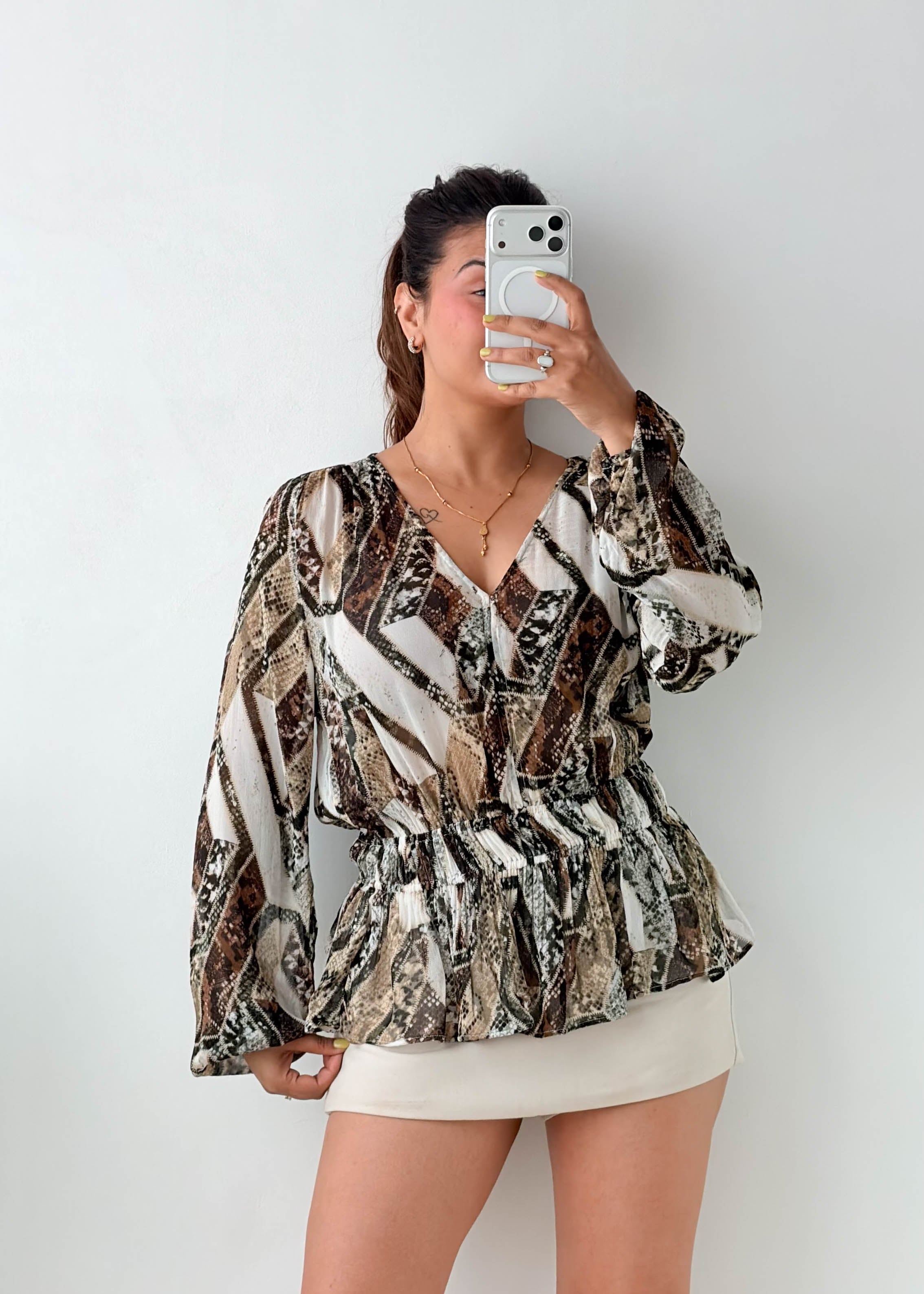 Size S-M Brown Abstract Peplum Top