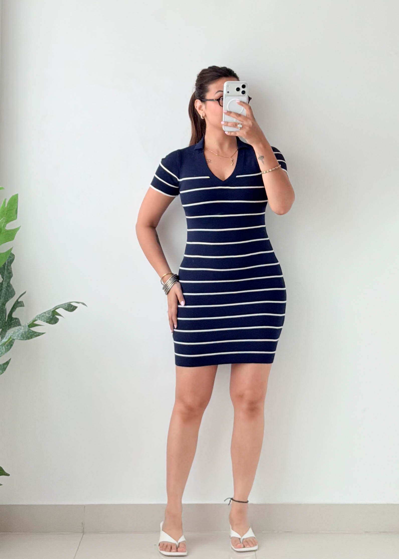 Size XS-S Navy Striped Knit Bodycon Mini Dress