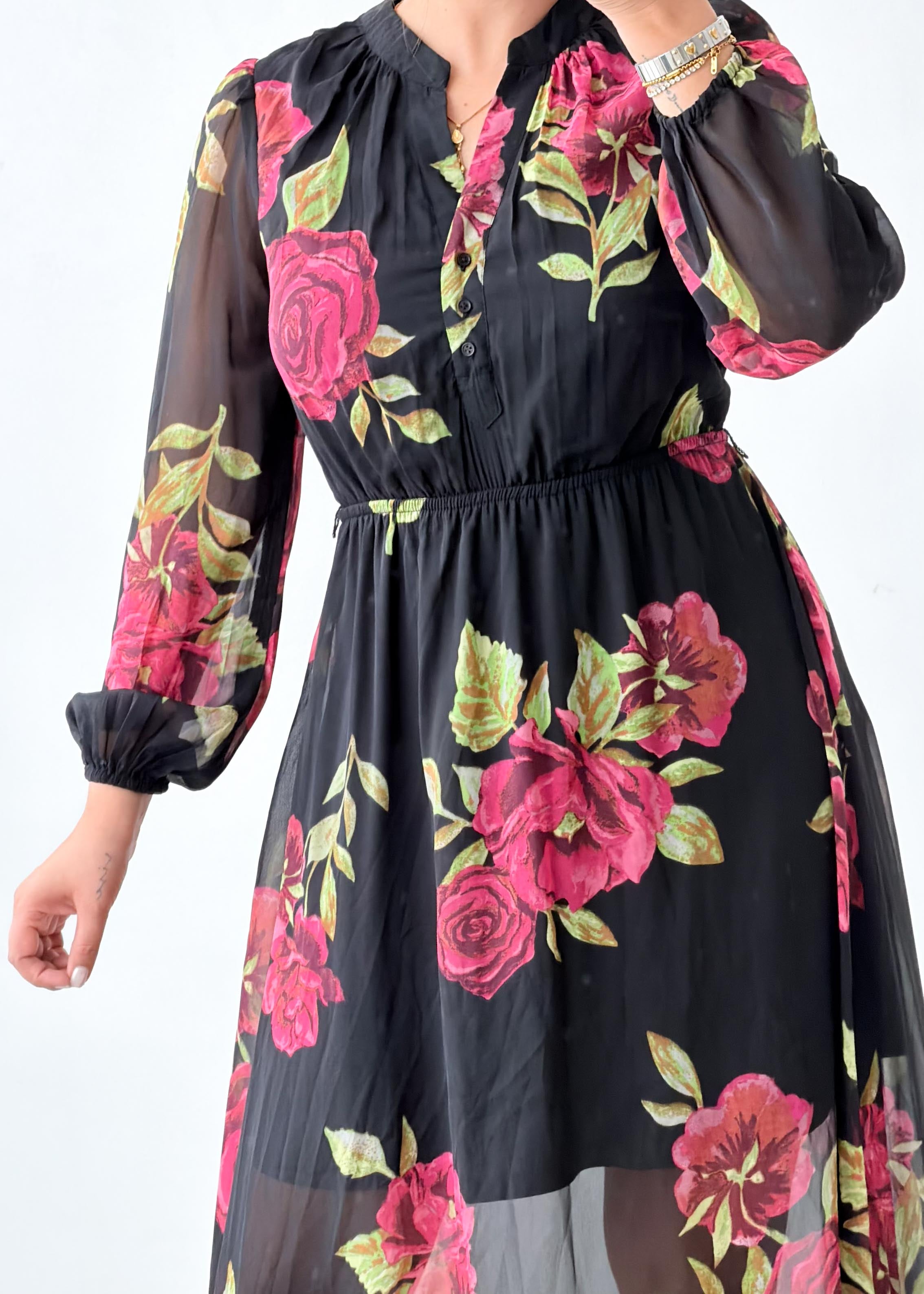 Size XS-S Black Floral Print Midi Dress